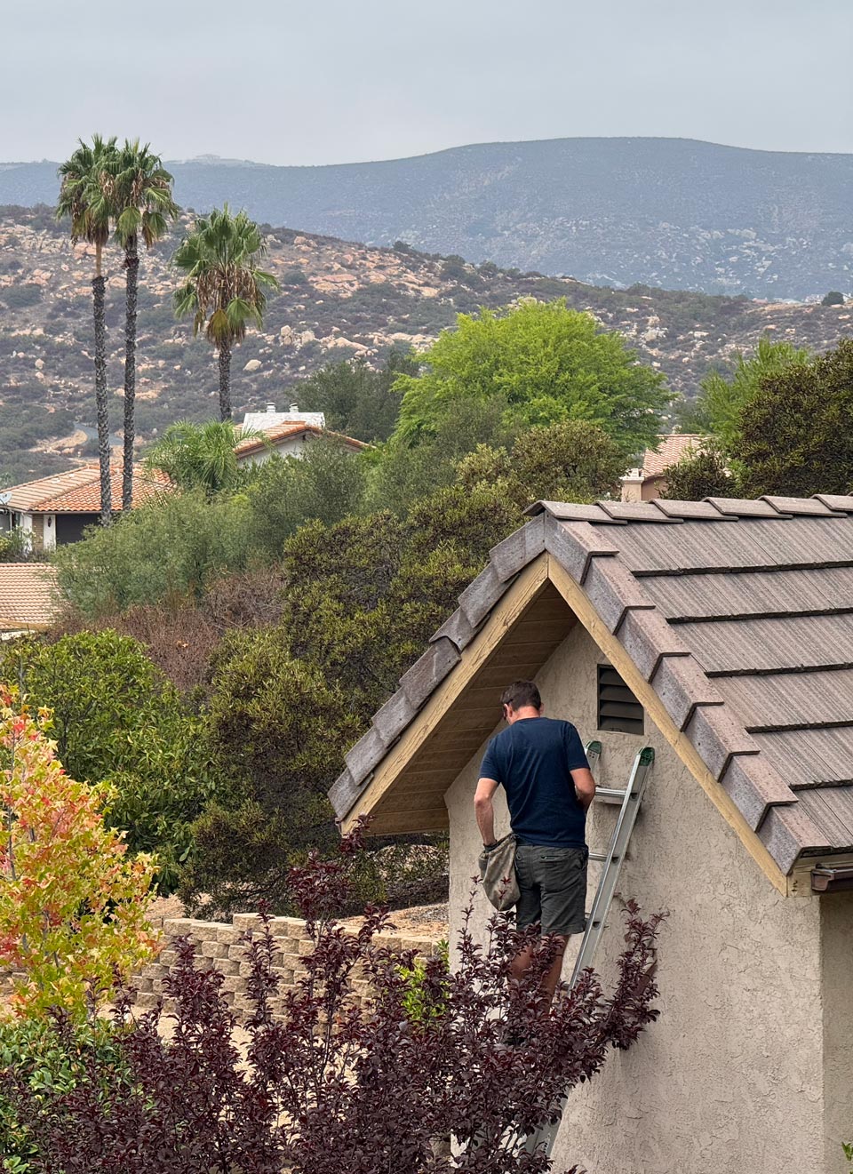 Technician on a ladder installing ember‑resistant mesh on a home in Ramona.